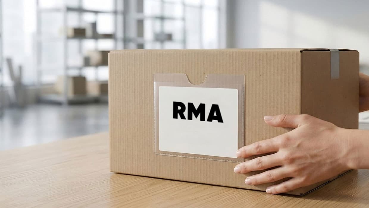 A boxed product being handed in at the Monarch IT RMA and warranty counter