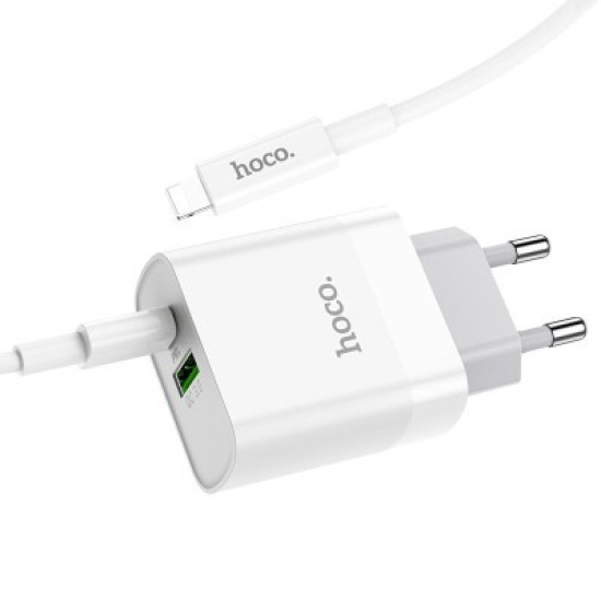 Hoco C80A Charging (EU) Adapter With Type C & Type A Port (20W) (With TC to IP Cable)