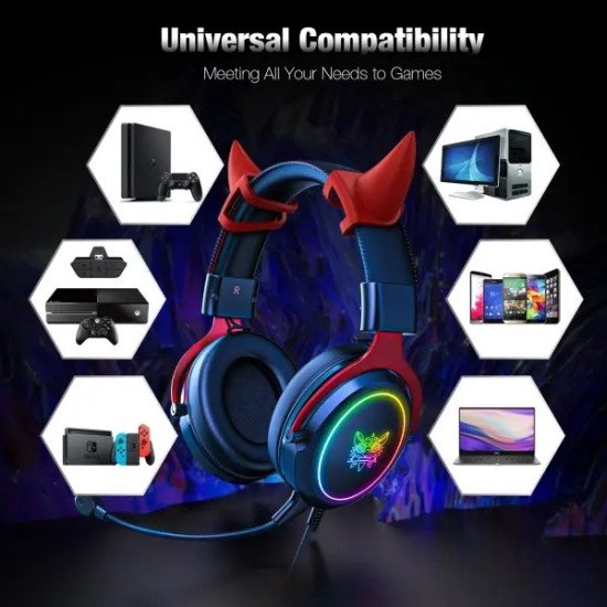 Onikuma X10 Ox Horn RGB Wired Professional Gaming Headset with Noise Cancellation Microphone (Black Red)