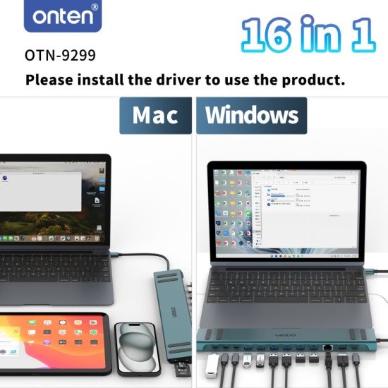 ONTEN (OTN-9299) 16 in 1 USB Multi-Function Docking Station ONTEN (OTN-9299) 16 in 1 USB Multi-Function Docking Station