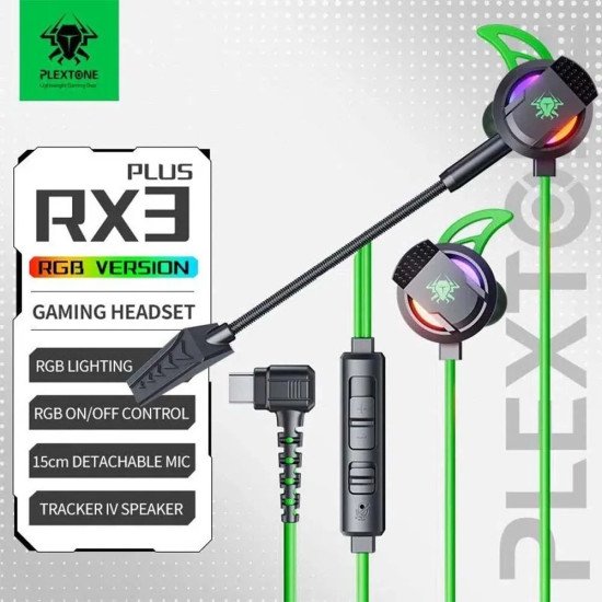 Plextone RX3 Plus USB Type C RGB Gaming Earphones Bass Wired In-Ear Headset with Dual Mic