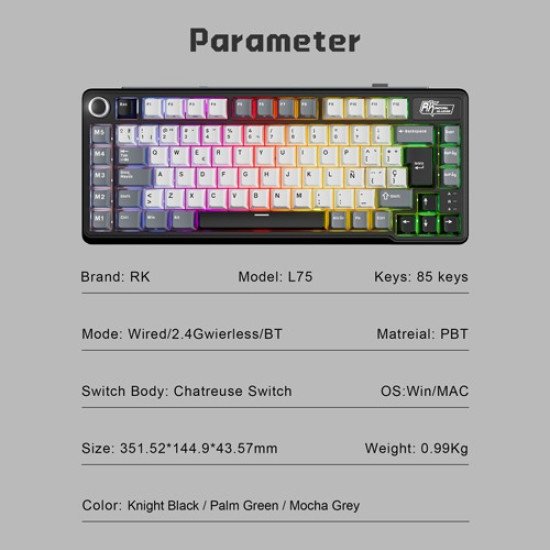ROYAL KLUDGE RK L75 Hot Swappable Tri Mode Mechanical Gaming Keyboard
