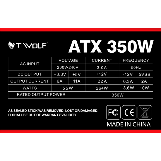T-wolf ATX 350W Power Supply with power cable