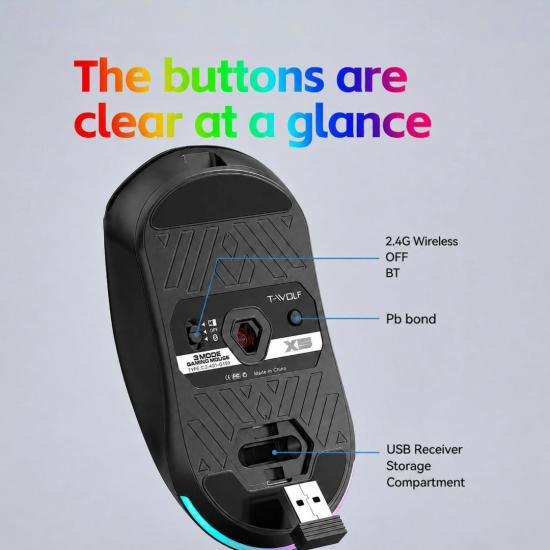 T-WOLF X5 Tri-Mode Wireless Gamer Mouse With RGB Backlit T-WOLF X5 Tri-Mode Wireless Gamer Mouse With RGB Backlit