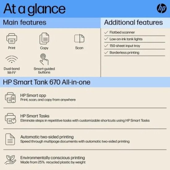 HP Smart Tank 670 Wi-Fi Duplexer All-in-One Color Printer